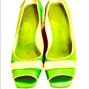 Gorgeous Green Peep Toe Heels with White Ribbons